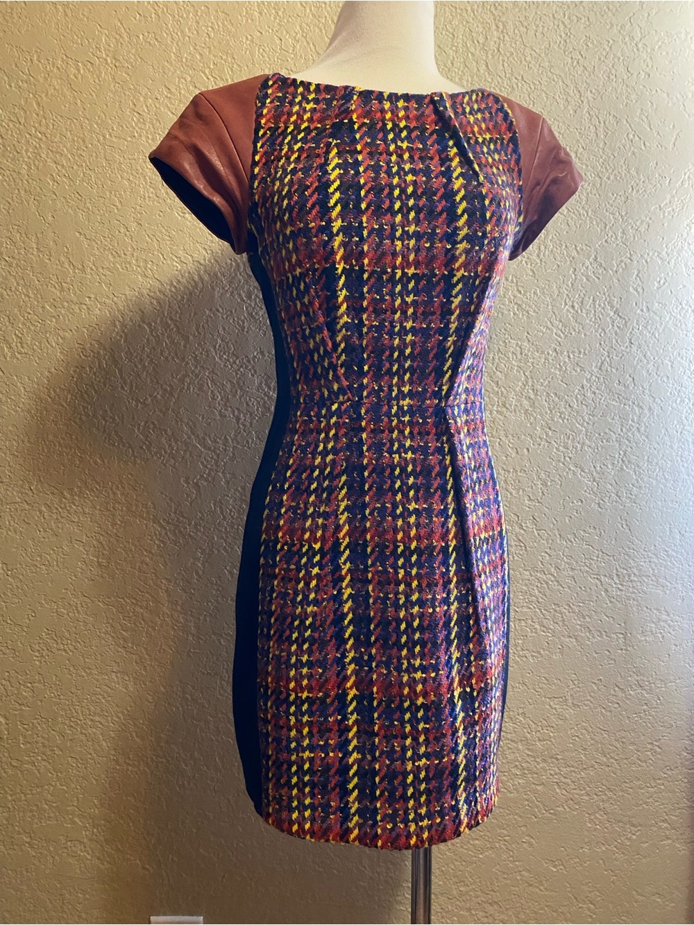 rag & bone Multicolor Plaid Tweed Sheath Dress with Brown Cap Sleeves